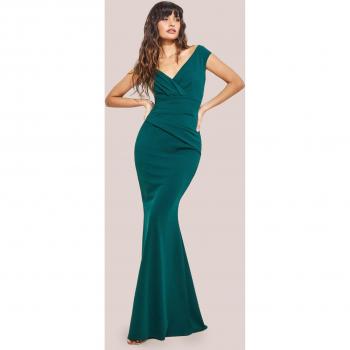 Emerald Green Bardot Pleated Maxi Dress