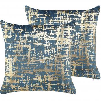 Set de 2 cojines decorativos de terciopelo azul y dorado con efecto craquelé 45 x 45 cm Gardenia