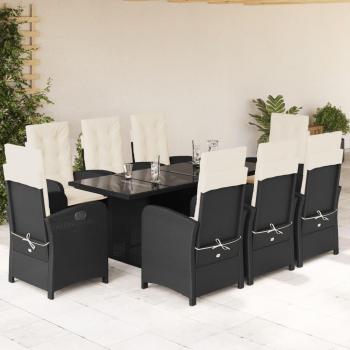 9-Piece Black Poly Rattan Garden Dining Set with Cushions