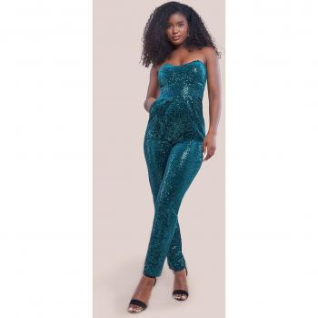 Goddiva Sequin & Velvet Corset Jumpsuit - Emerald Green
