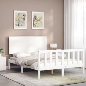 Estructura de Cama Doble con Cabecero en Madera Maciza Blanca