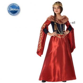 DISFRAZ DE REINA MEDIEVAL ROJO - Disfraz para niña de 5-6 años, estilo medieval, incluye vestido rojo con detalles dorados y capa, ideal para fiestas temáticas y carnavales