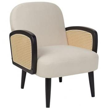 Sillón Tradicional Dvenberg de Estructura de Madera con Trenza de Ratán y Patas en Beige Claro y Negro, Tapizado en Poliéster