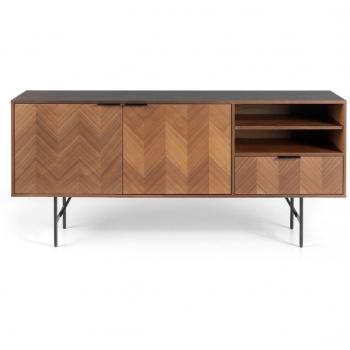 Aparador moderno Pondecor Lis con patas metálicas negro mate y mueble en MDF chapado nogal, 2 puertas y 1 cajón en nogal con patas de acero negro, dimensiones 180 cm