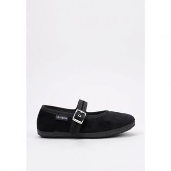 Victoria Velvet Ballerina Shoes for Girls - Black with Side Buckle Closure