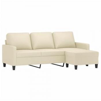 Sofá de 3 plazas con taburete en cuero sintético crema 180 cm