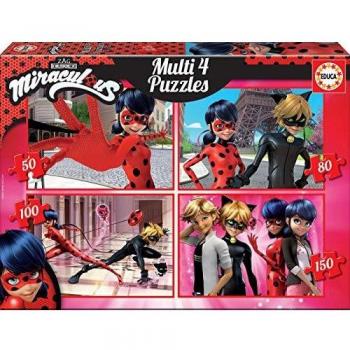 Educa Prodigiosa: Las Aventuras de Ladybug 4 Puzzles, 50+80+100+150 Piezas, multicolor