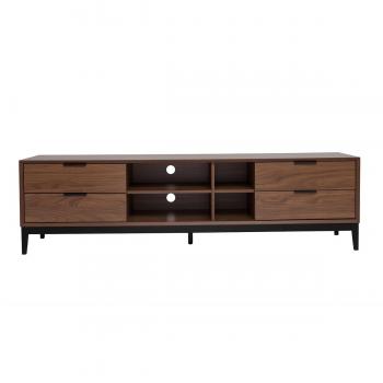 Mueble TV vintage SARTO 180 cm con acabado de madera de nogal oscuro y metal negro, incluye almacenaje