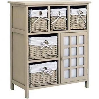 Rebecca Mobili Aparador Multiusos Ahorra Espacio, cómoda con 1 Puerta, 5 cestas de Mimbre, paulonia, Beige, Estilo Country, Muebles baño Cocina - Medidas: 70x60x30 cm