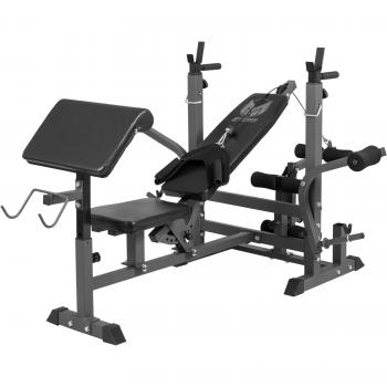 Estación de trabajo con banco de pesas universal Gyronetics E-Series, color negro, incluye múltiples posiciones ajustables, estructura robusta para entrenamiento de fuerza, diseño compacto ideal para espacios reducidos, y accesorios para ejercicios var