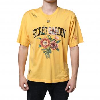 Men's Floral Cotton Crew Neck T-shirt - Yellow Secret Garden Design - Size M