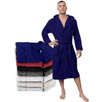 Twinzen - Albonoz Hombre Ducha - 3XL - Azul Oscuro - 100% Algodón Certificado Oeko Tex - Bata Hombre con Capucha, 2 Bolsillos y Cinturón