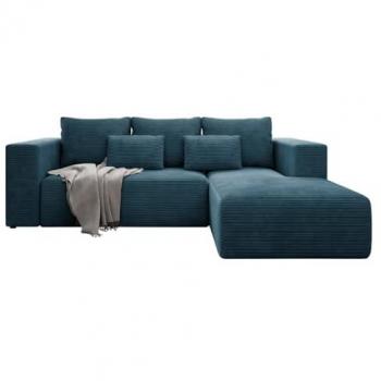 Sofá rinconero Arvada 116, azul, con función de descanso y caja de ropa de cama, 255x161x91cm