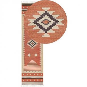 Alfombra Kilim Reversible de Algodón Multicolor 80 x 300 cm con Patrones Geométricos y Borlas
