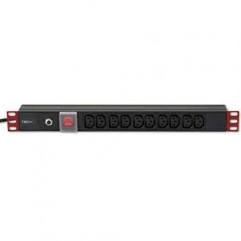 Regleta Rack 19 1U Multipresa 10 Salidas C13 con Interruptor y Enchufe C14, 250V/10A, Cable de 2m Negra