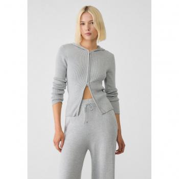 Grey Melange Zip-Up Knit Hoodie Cardigan L
