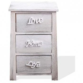 Cajonera Mueble Comoda 3 Cajones Decapado Blanco 56x37x27 y Mesita de Noche Vintage con 3 Cajones de Madera Blanca