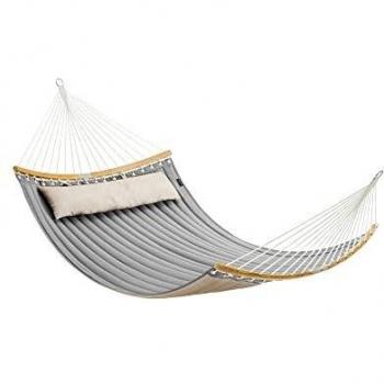 Hamac Doble Rembourrado Resistente con Barras Curvadas de Bambú y Almohada, 200 x 140 cm, Capacidad de Carga 225 kg, Gris y Beige