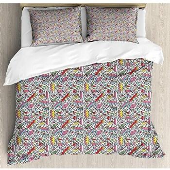 Funky Juego de ropa de cama de 3 piezas Juego de funda nórdica Patrón de Memphis con mosaico de formas 3D Estilo de los años ochenta y noventa Diseño colorido, sábana para niños / niños / adolescentes
