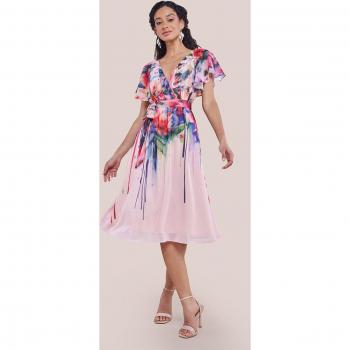 Blush Floral Midi Dress with Flutter Sleeves