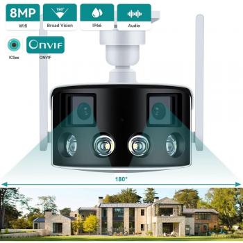 Cámara IP de Vigilancia Panorámica WIFI 4K 8MP con Doble Lente, Ángulo de Visión de 180°, Detección Humana por IA, Resistente al Agua y Tarjeta de 128GB