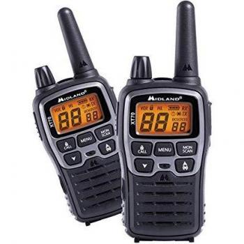 Midland XT70 - Set de 2 Walkie Talkies Profesionales, Doble Banda con Carga Rápida, 24 Canales, Frecuencia 446.00625 - 446.09375MHz, Alcance de 12 km, Color Negro y Gris
