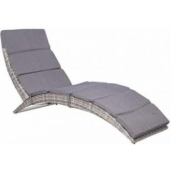 Folding Sun Lounger with Cushion in Grey Poly Rattan