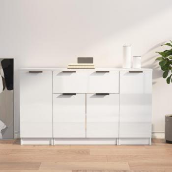 Aparador de 3 piezas de madera contrachapada, mueble de almacenaje moderno para salón con armarios con puertas, cajón de madera y acabado blanco brillante