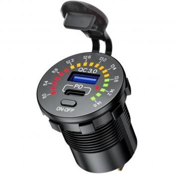 Conector Doble USB para Motocicleta Biketec Tipo-C + USB QC 3.0 - Suministro de Energía de 40W con Voltímetro, Montaje en Superficie Plana o Manillar