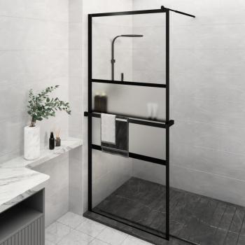 Mampara de ducha con estante de vidrio ESG y aluminio negro 90x195 cm, Modelo Patrón 2, incluye patrón 1, 2 barras horizontales