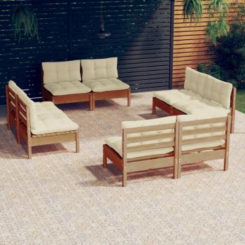 Juego de muebles de jardín 8 piezas con cojines de crema en madera de pino