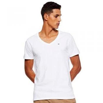 Tommy Jeans Men's Original Jersey V-Neck T-Shirt in White, Casual Cotton Short Sleeve
