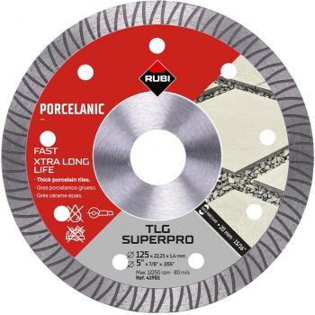 Disco de Diamante RUBI 41900 TLG 115 EXT SUPERPRO, diámetro de 115 mm, diseñado para cortes en materiales duros, alta durabilidad y rendimiento, tecnología avanzada para un corte limpio y preciso