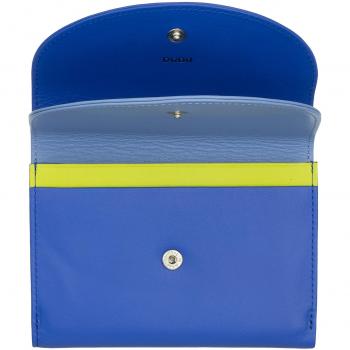 Cartera mediana de mujer Dudu en piel de becerro napa azul con doble solapa, cierre de botón y protección RFID para tarjetas