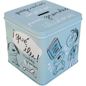 Laroom Hucha Metálica diseño Pequeños Ahorros para Grandes Ilusiones, Metal, Azul, 12x12x12 cm