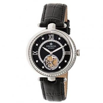 Empress Stella Women's Automatic Semi-Skeleton Black Leather Watch with Mother of Pearl Dial