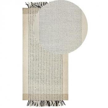 Alfombra Beige y Negra de Lana y Algodón 80 x 150 cm Hecha a Mano con Borlas