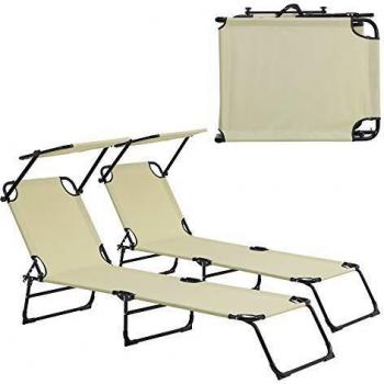 Set de 2 tumbonas plegables 190cm beige con parasol de acero para playa y jardín