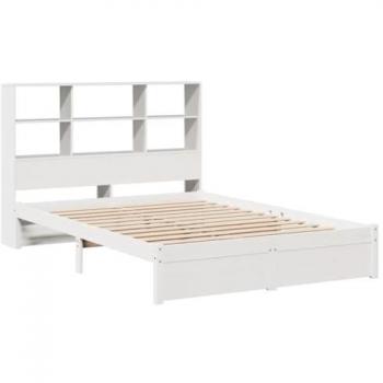 Cama con estantería sin colchón de madera maciza blanca 135x190 cm, cama de matrimonio, cama de madera, cama doble, muebles de dormitorio