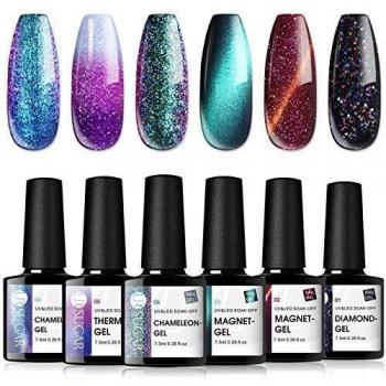 UR SUGAR 7,5ML Esmalte de Gel Kit, Ojo de Gato, Camaleón Color Cambia Temperatura, Glitter de Uñas Semipermanente UV LED Brillo, 6Pcs Manicura Ensemble pour Démarreur