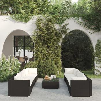 9-Piece Black Poly Rattan Garden Lounge Set with Cushions