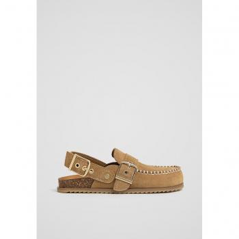 Stradivarius Beige Leather Clogs with Buckle
