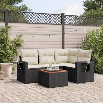 5-Piece Black Poly Rattan Garden Sofa Set with Cushions