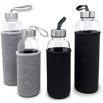 Botella de Cristal 400 ml con Funda de Neopreno Gris Metal