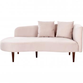 Chaise longue de terciopelo rosa pastel con madera oscura y cojines Chaumont