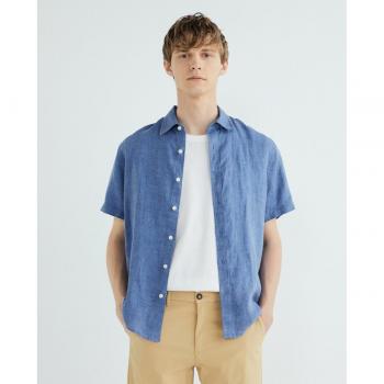 North Sails Blue Linen Embroidered Short Sleeve Shirt - M