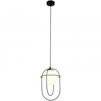 Lámpara colgante Axis de Searchlight, color negro, con una bombilla, altura de 37 cm, estructura de hormigón y eje de acero en negro y blanco, con pantalla de vidrio opal