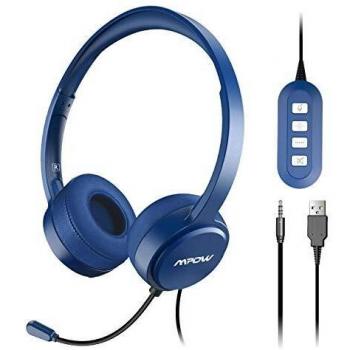 Mpow Auriculares Micrófono PC, Auriculares Telefono USB/3.5mm, Auriculares Diadema Cable, Cancelación de Ruido, Compatible con VoIP, Skype, PC, Teléfono Fijo, Móviles, Moviles iPad, Oficina, Teleconfe