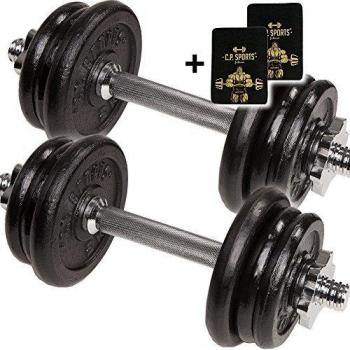 C.P. Sports mancuernas de hierro fundido 20 kg cortas, mancuernas mancuernas de 2 x barras de pesas con pesas