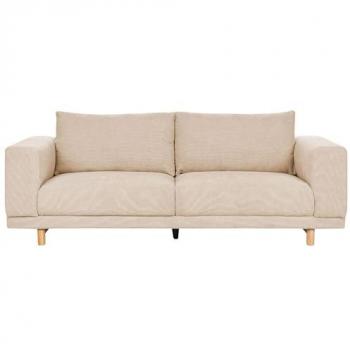 Sofá 3 plazas moderno minimalista en pana beige con amplios reposabrazos y respaldo acolchado